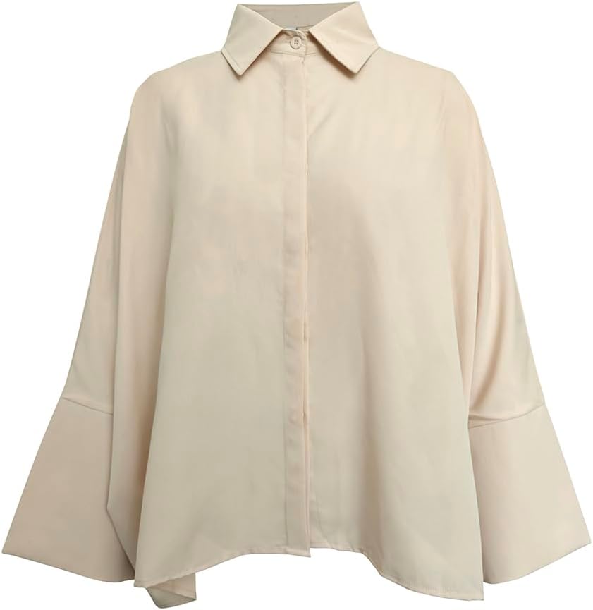 Women's Button Down Work Blouse - Three Quarter Sleeves, Loose Collared Fit for Office and Casual Days - Small