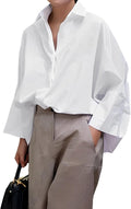 Women's Button Down Work Blouse - Three Quarter Sleeves, Loose Collared Fit for Office and Casual Days - Small