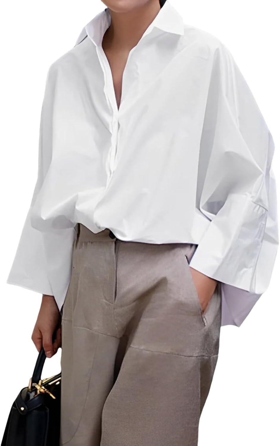 Women's Button Down Work Blouse - Three Quarter Sleeves, Loose Collared Fit for Office and Casual Days - Small