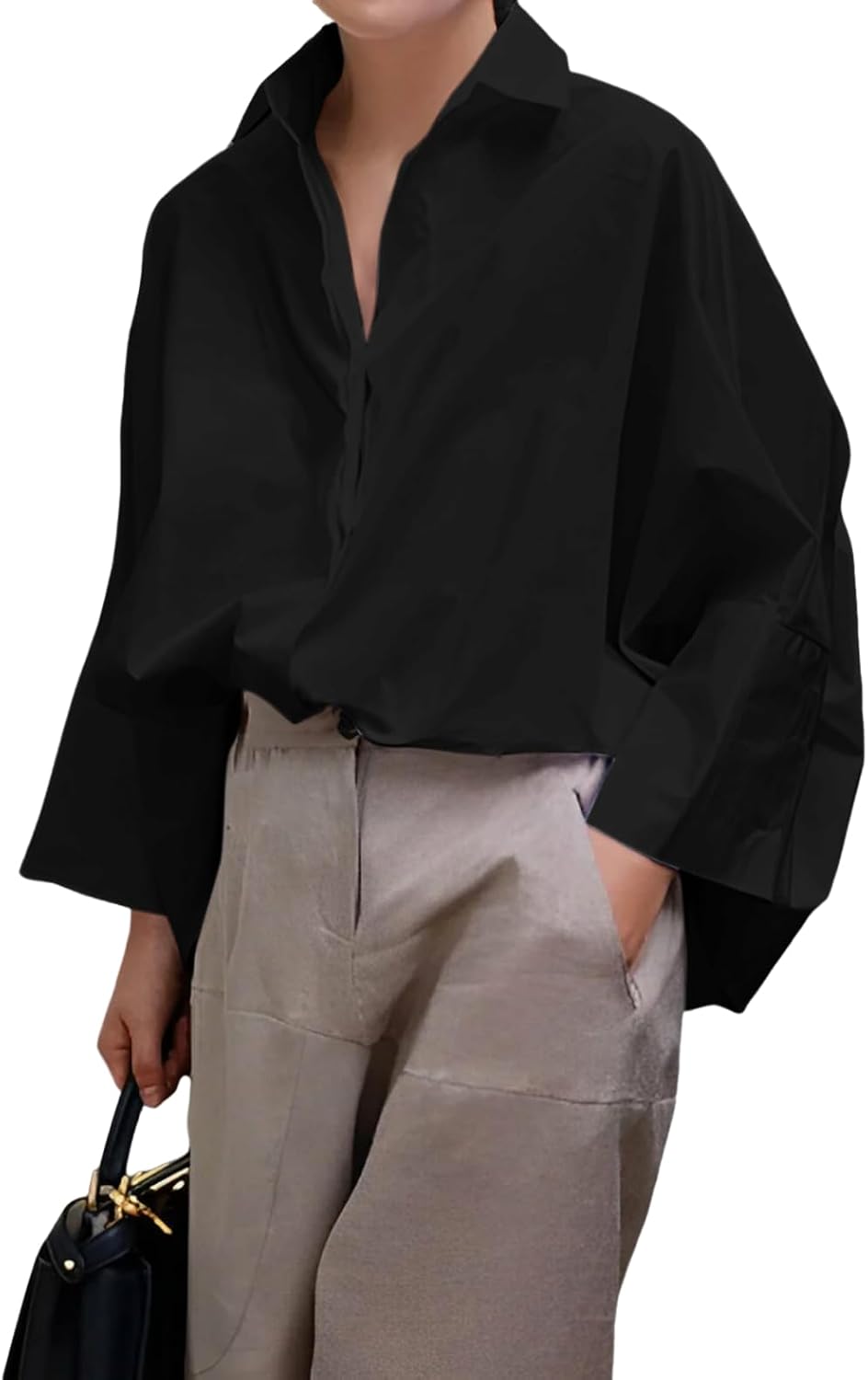 Women's Button Down Work Blouse - Three Quarter Sleeves, Loose Collared Fit for Office and Casual Days - Small