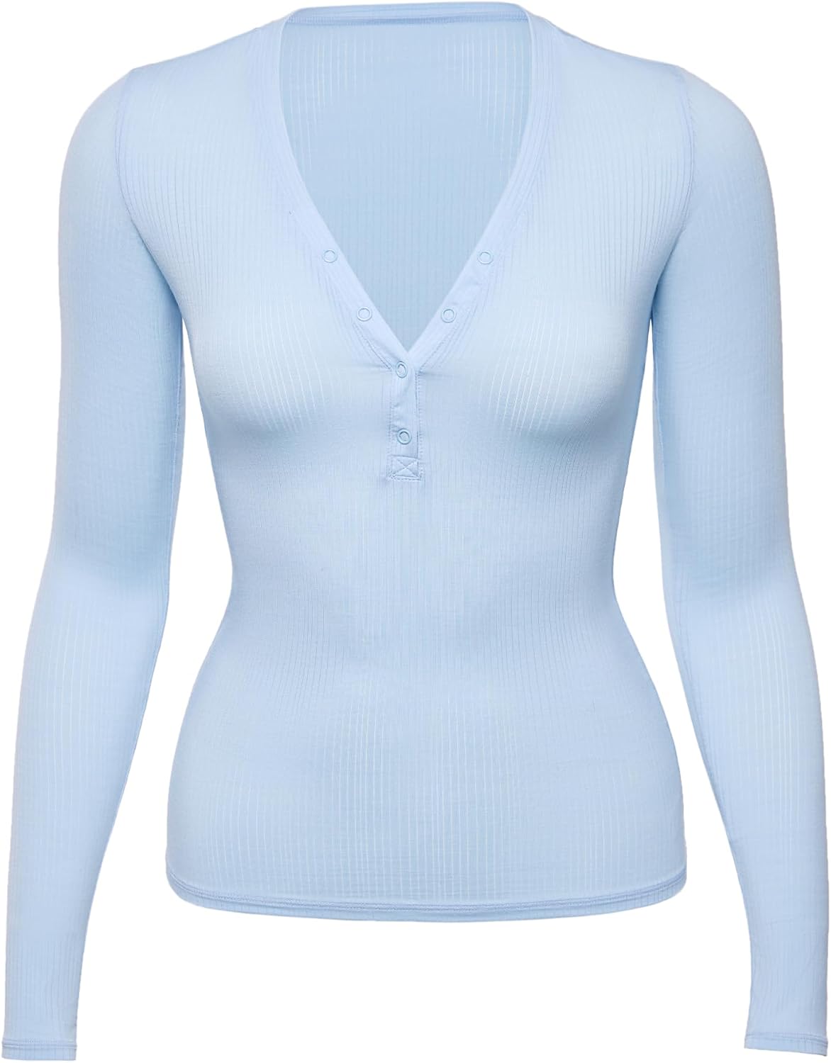 Women's Modal Ribbed Henley Top - Long Sleeve, Plunge Button Placket, Body Hugging Fit for Lounging - Small