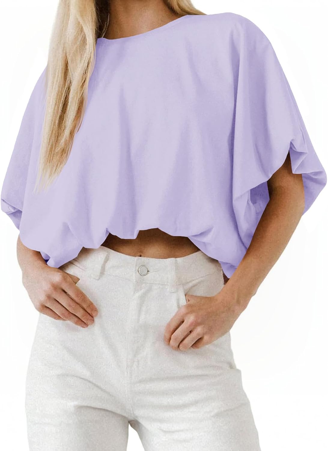 Women's Cropped T-Shirt - Crew Neck, Short Sleeves, Loose Casual Cut for Summer Days and High Waist Jeans - Small