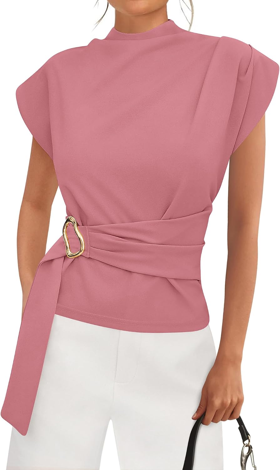 Women's Mock Neck Blouse - Cap Sleeves, Buckle Belt Detail and Back Zip for Business Casual Office Days - Small