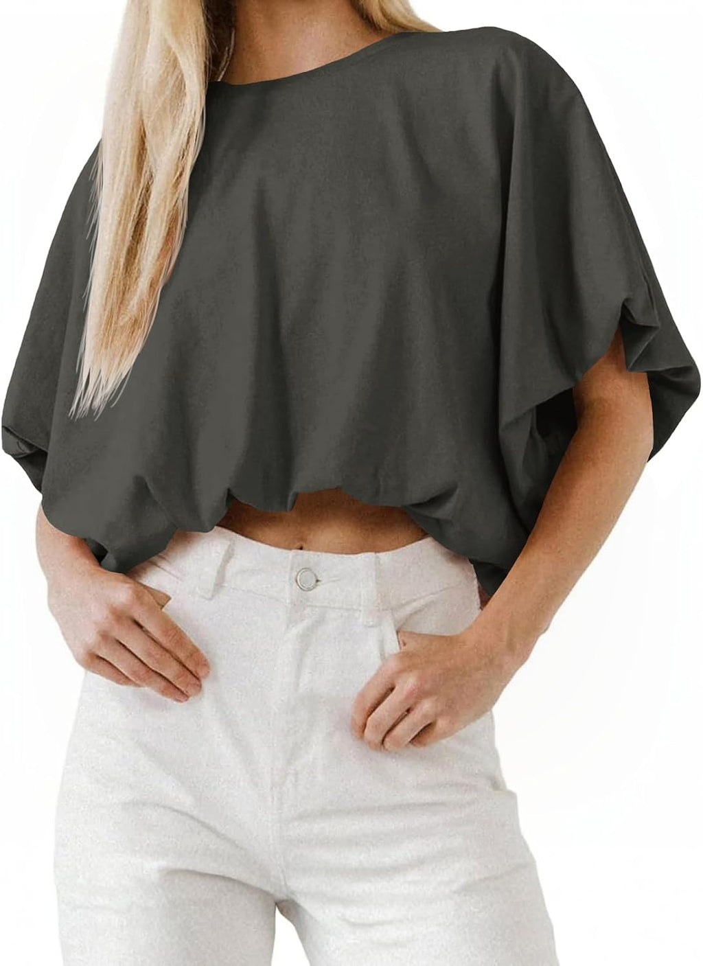 Women's Cropped T-Shirt - Crew Neck, Short Sleeves, Loose Casual Cut for Summer Days and High Waist Jeans - Small