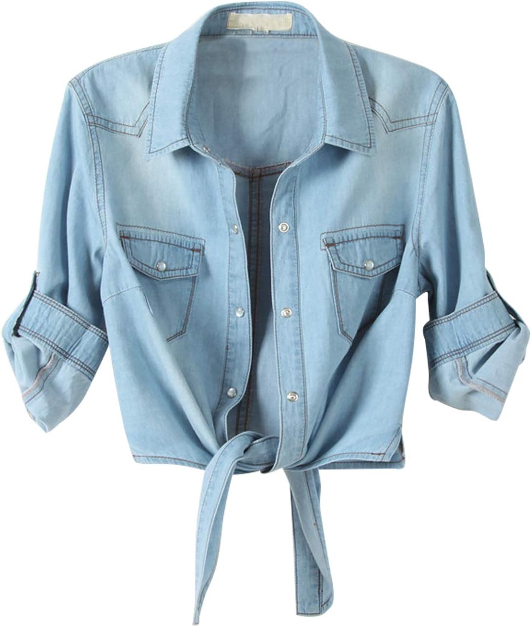 Women's Tie Front Denim Crop Shirt - Roll Up Three Quarter Sleeves, Chambray Button Down for Western Looks - Small