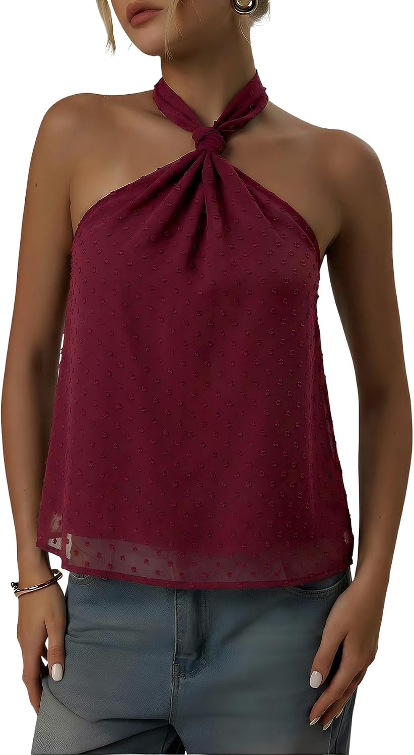 Women's Swiss Dot Halter Top - Tie Back Knot, Sheer Sleeveless Cut for Parties and Concert Nights - Small