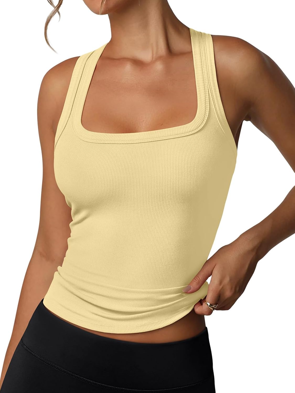 Women's Ribbed Racerback Tank Top - Built-in Shelf Bra, Square Neckline, Sleeveless Basic for Summer - Small