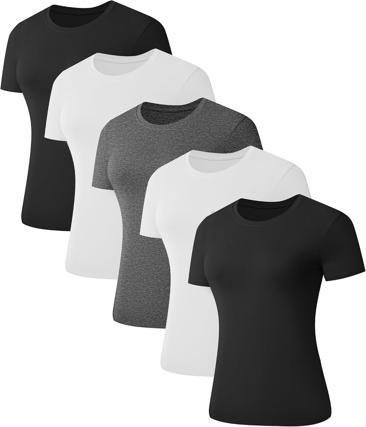 Women's Slim Fit Basic Tees 5 Pack - Crew Neck, Short Sleeve Plain Cotton-Blend Tops for Layering - Small