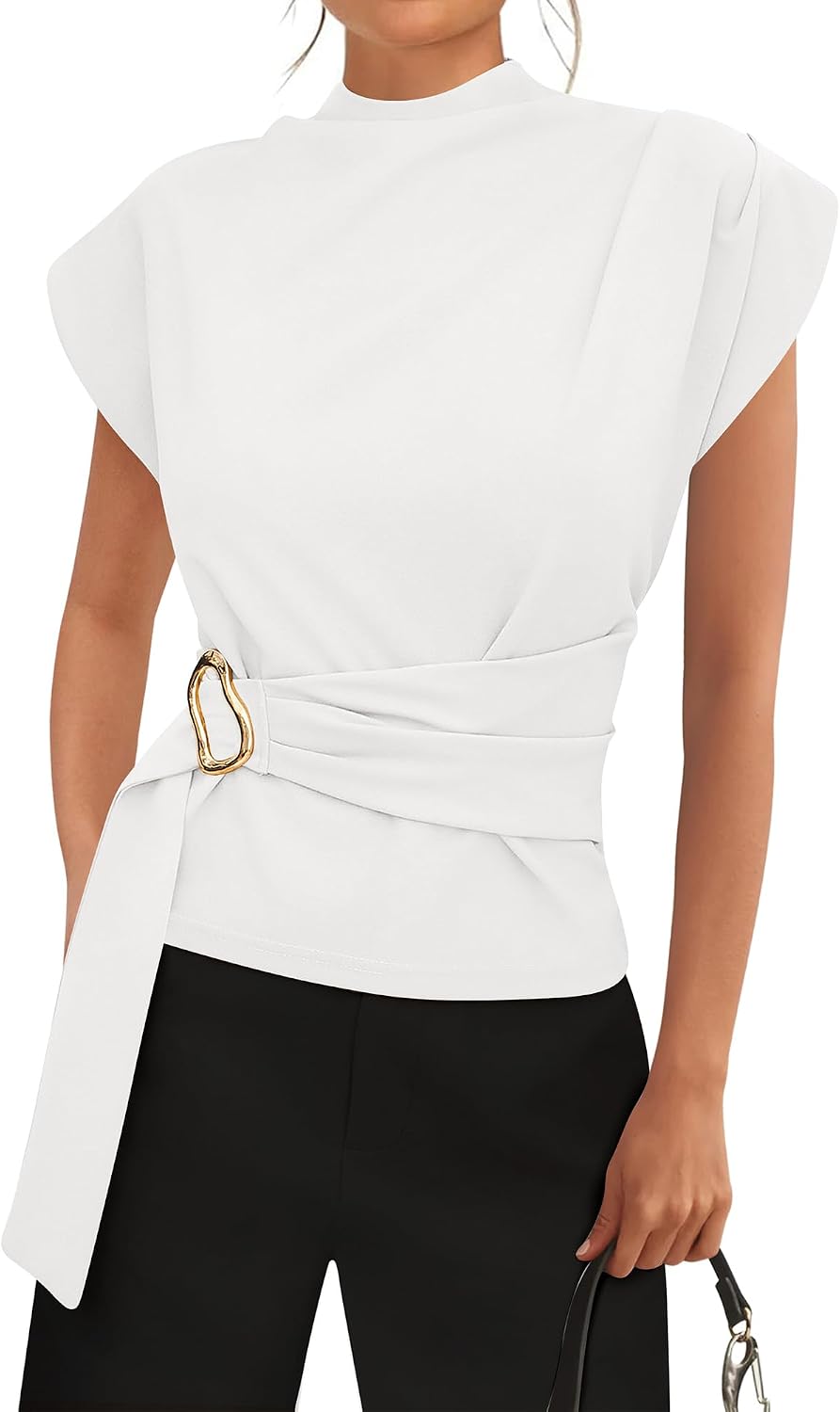 Women's Mock Neck Blouse - Cap Sleeves, Buckle Belt Detail and Back Zip for Business Casual Office Days - Large