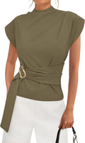 Women's Mock Neck Blouse - Cap Sleeves, Buckle Belt Detail and Back Zip for Business Casual Office Days - Large