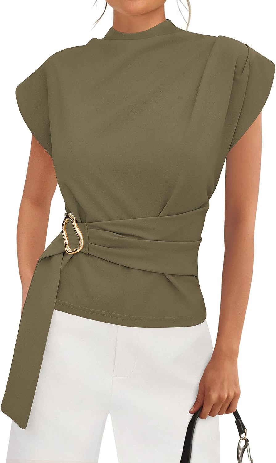 Women's Mock Neck Blouse - Cap Sleeves, Buckle Belt Detail and Back Zip for Business Casual Office Days - Large