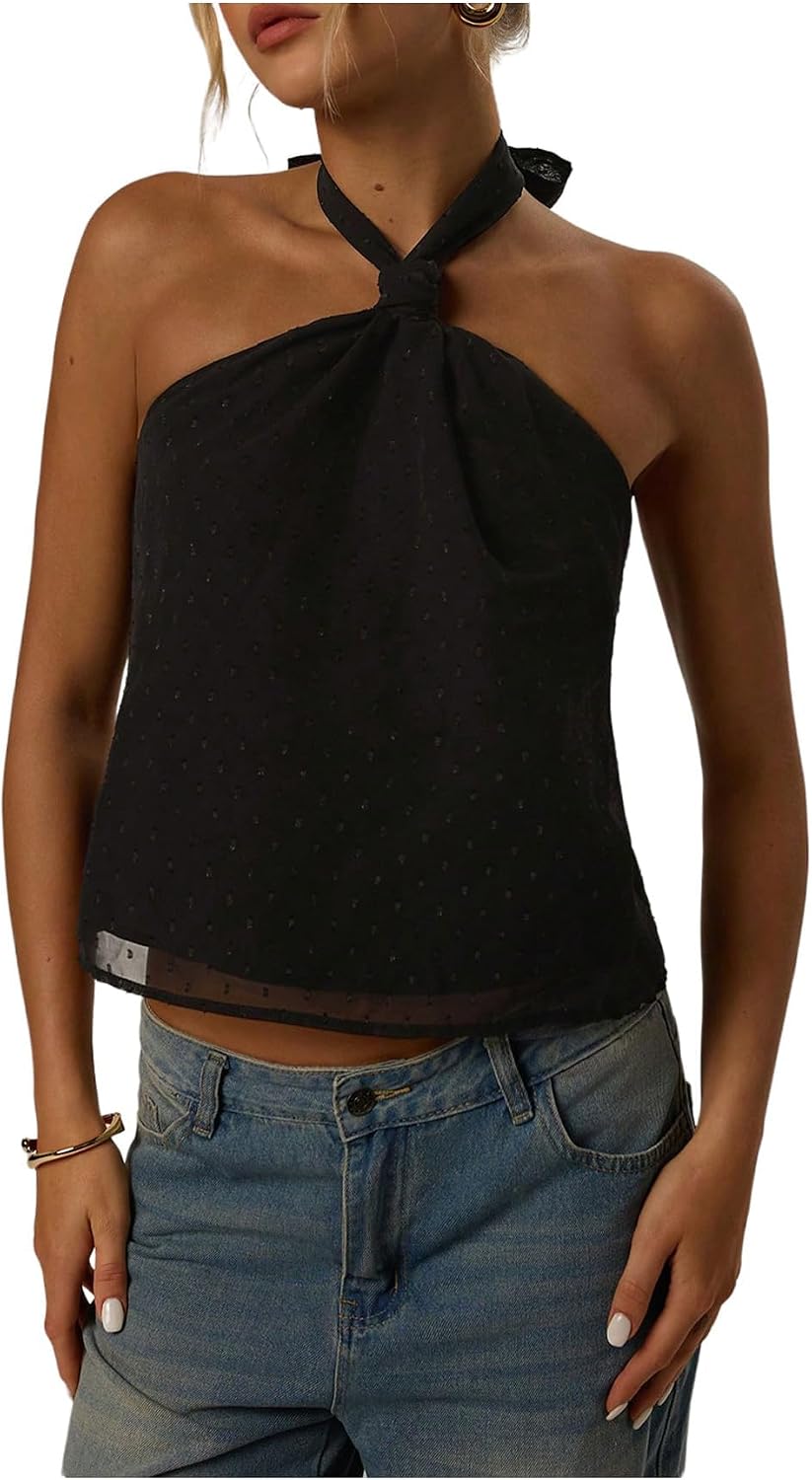 Women's Swiss Dot Halter Top - Tie Back Knot, Sheer Sleeveless Cut for Parties and Concert Nights - Small