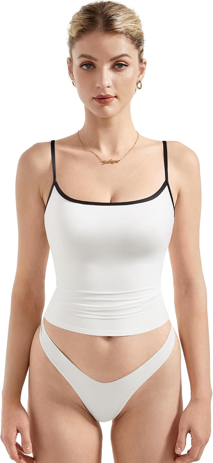 Women's Square Neck Cami Tank Top - Double Lined Fabric, Fitted Cut, Sleeveless Basic for Going Out - Medium