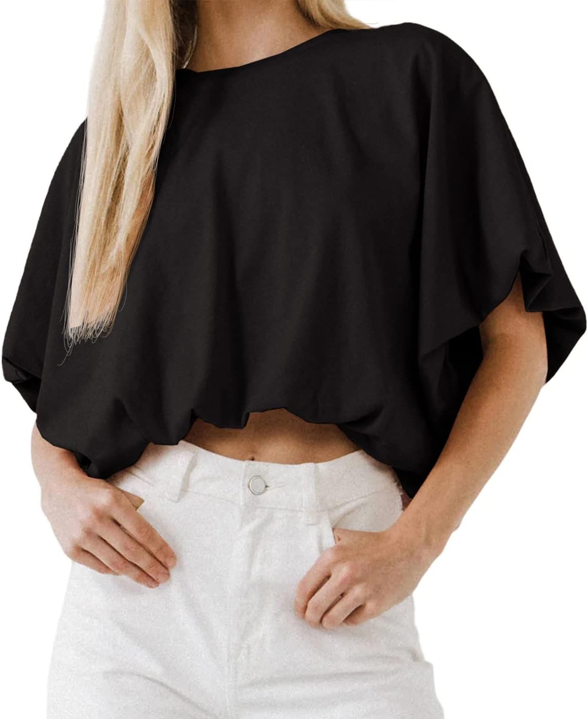 Women's Cropped T-Shirt - Crew Neck, Short Sleeves, Loose Casual Cut for Summer Days and High Waist Jeans - Medium