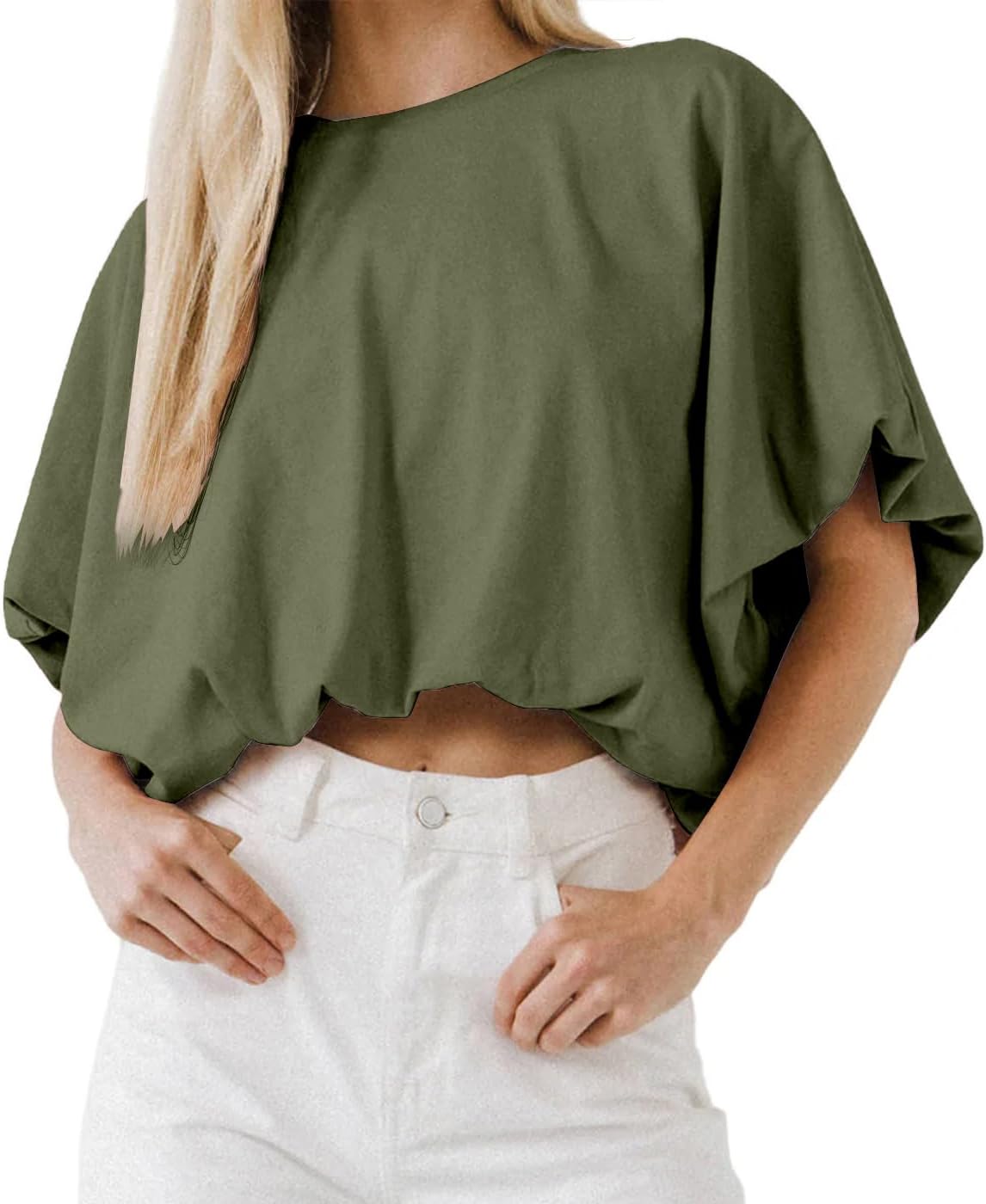 Women's Cropped T-Shirt - Crew Neck, Short Sleeves, Loose Casual Cut for Summer Days and High Waist Jeans - Medium