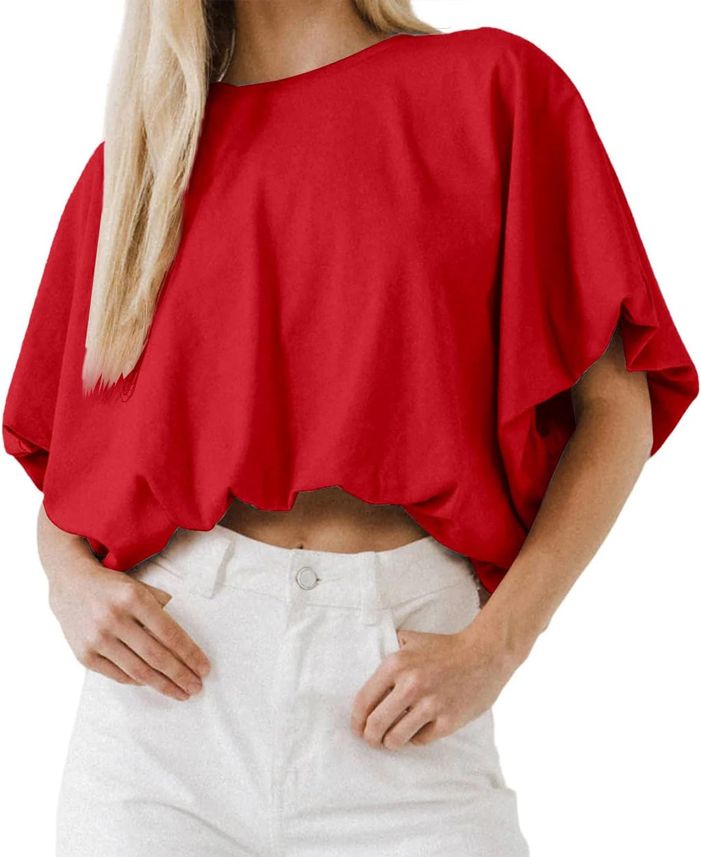 Women's Cropped T-Shirt - Crew Neck, Short Sleeves, Loose Casual Cut for Summer Days and High Waist Jeans - Medium