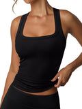 Women's Ribbed Racerback Tank Top - Built-in Shelf Bra, Square Neckline, Sleeveless Basic for Summer - Small (13)