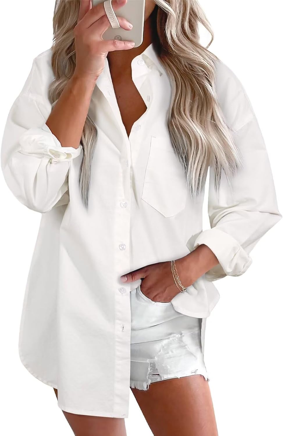 Women's Denim Button Down Shirt - V Neckline, Long Sleeves, Casual Chambray Blouse for Workdays and Weekends - Medium