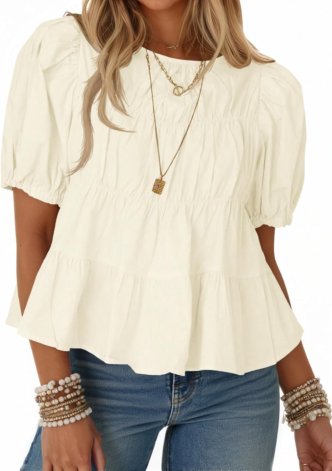 Women's Puff Sleeve Peplum Top - Pleated Babydoll Cut, Short Sleeve Cotton Blouse for Summer Outings - Apricot