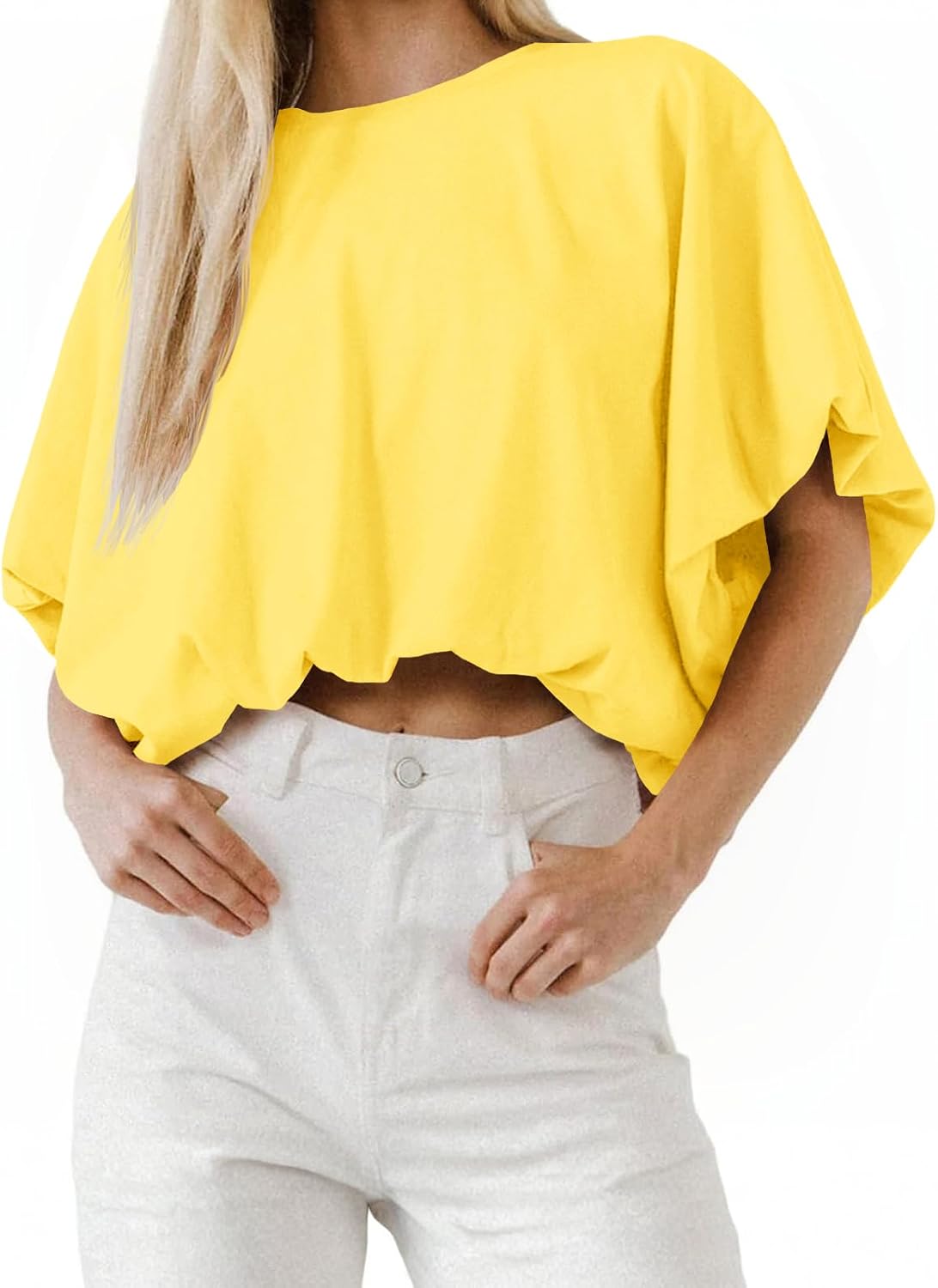 Women's Cropped T-Shirt - Crew Neck, Short Sleeves, Loose Casual Cut for Summer Days and High Waist Jeans - Medium