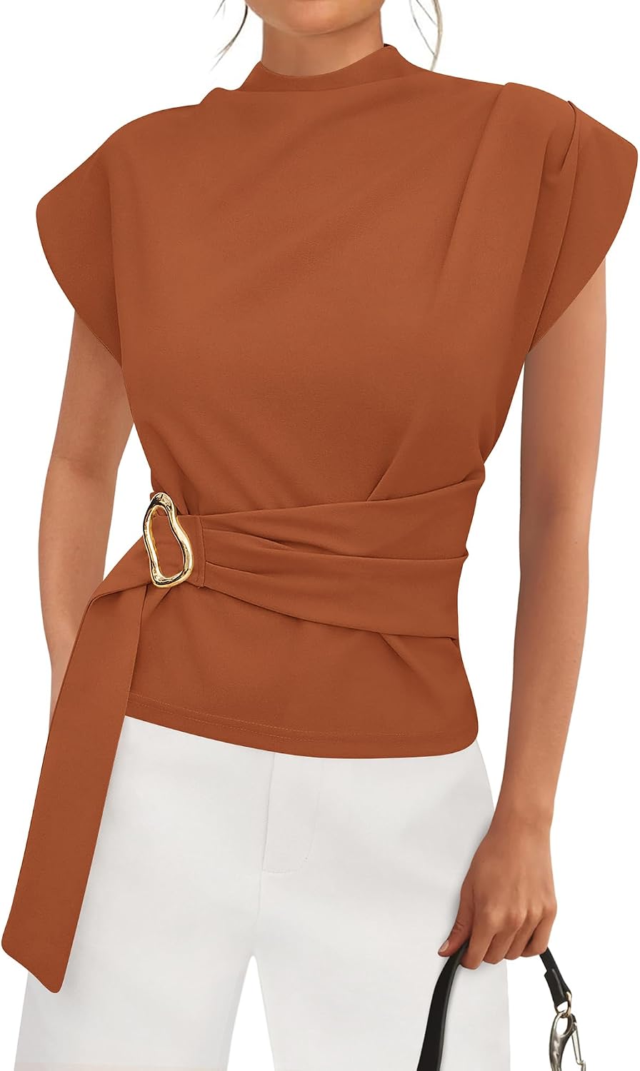 Women's Mock Neck Blouse - Cap Sleeves, Buckle Belt Detail and Back Zip for Business Casual Office Days - Medium