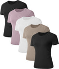Women's Slim Fit Basic Tees 5 Pack - Crew Neck, Short Sleeve Plain Cotton-Blend Tops for Layering - Small