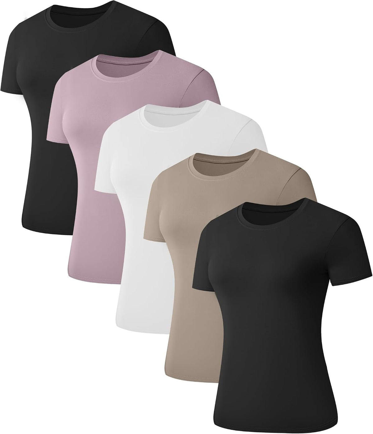 Women's Slim Fit Basic Tees 5 Pack - Crew Neck, Short Sleeve Plain Cotton-Blend Tops for Layering - Small