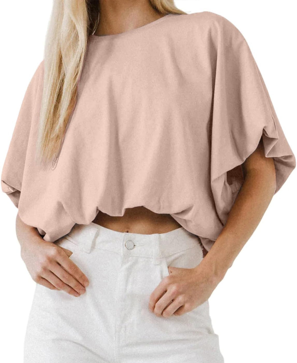 Women's Cropped T-Shirt - Crew Neck, Short Sleeves, Loose Casual Cut for Summer Days and High Waist Jeans - Small