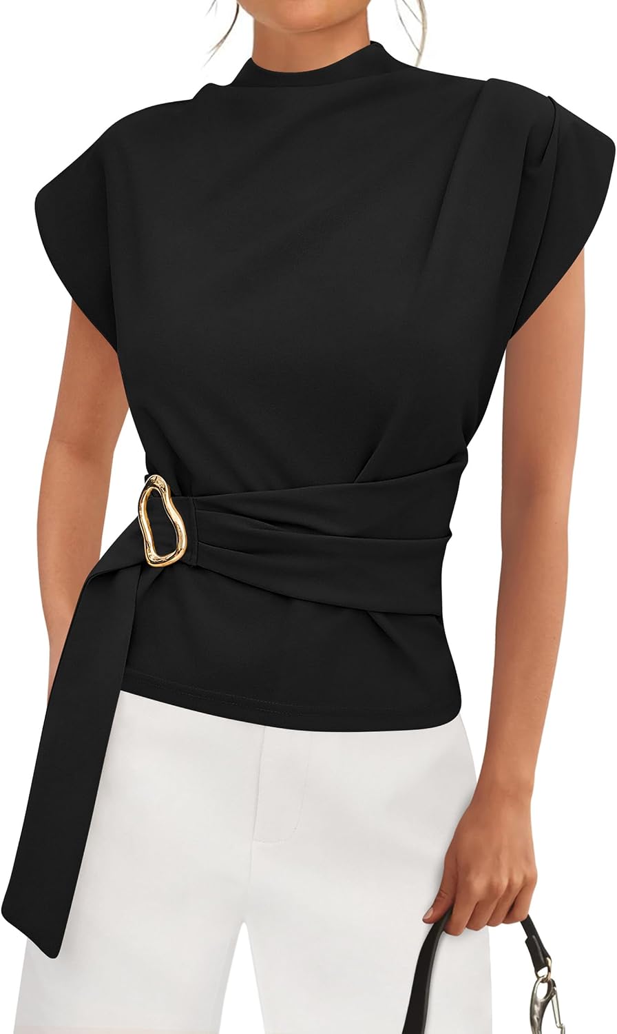 Women's Mock Neck Blouse - Cap Sleeves, Buckle Belt Detail and Back Zip for Business Casual Office Days - Small