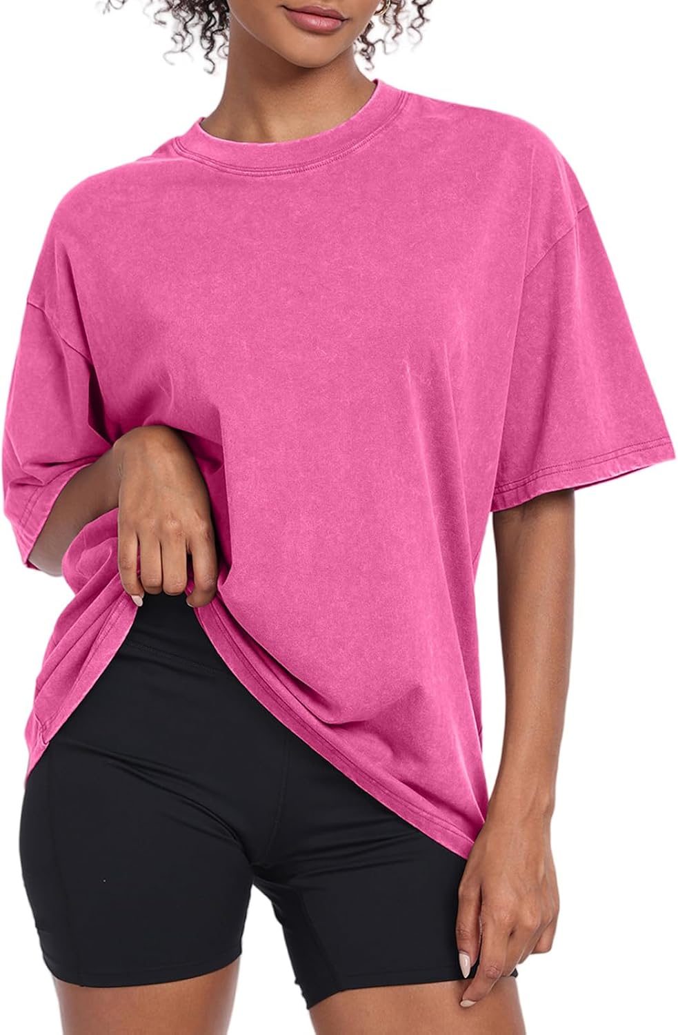 Women's Acid Wash Oversized T-Shirt - Baggy Boyfriend Cut, Cotton Short Sleeve Tee for Gym and Street Wear - Small