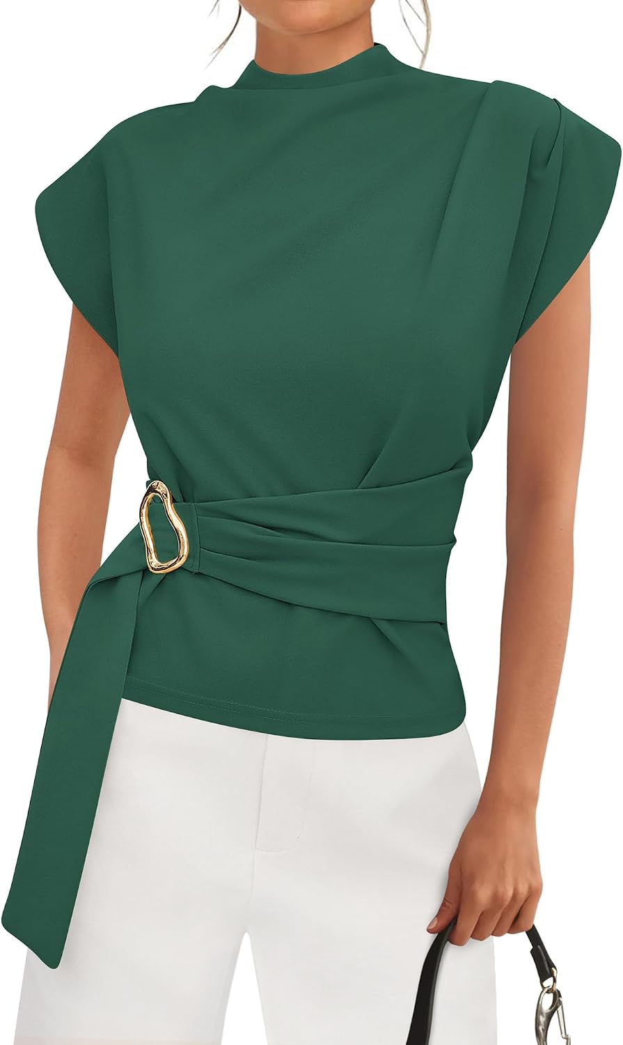 Women's Mock Neck Blouse - Cap Sleeves, Buckle Belt Detail and Back Zip for Business Casual Office Days - Small