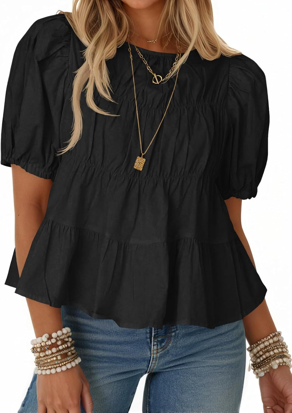 Women's Puff Sleeve Peplum Top - Pleated Babydoll Cut, Short Sleeve Cotton Blouse for Summer Outings - Apricot