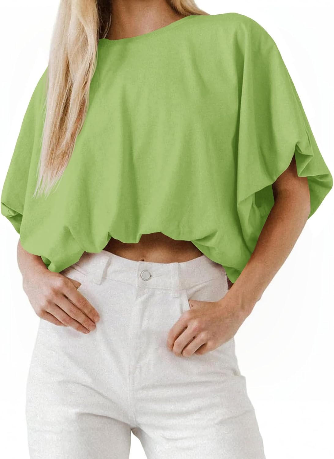 Women's Cropped T-Shirt - Crew Neck, Short Sleeves, Loose Casual Cut for Summer Days and High Waist Jeans - Medium