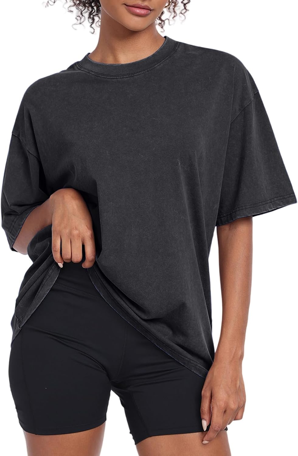 Women's Acid Wash Oversized T-Shirt - Baggy Boyfriend Cut, Cotton Short Sleeve Tee for Gym and Street Wear - Medium