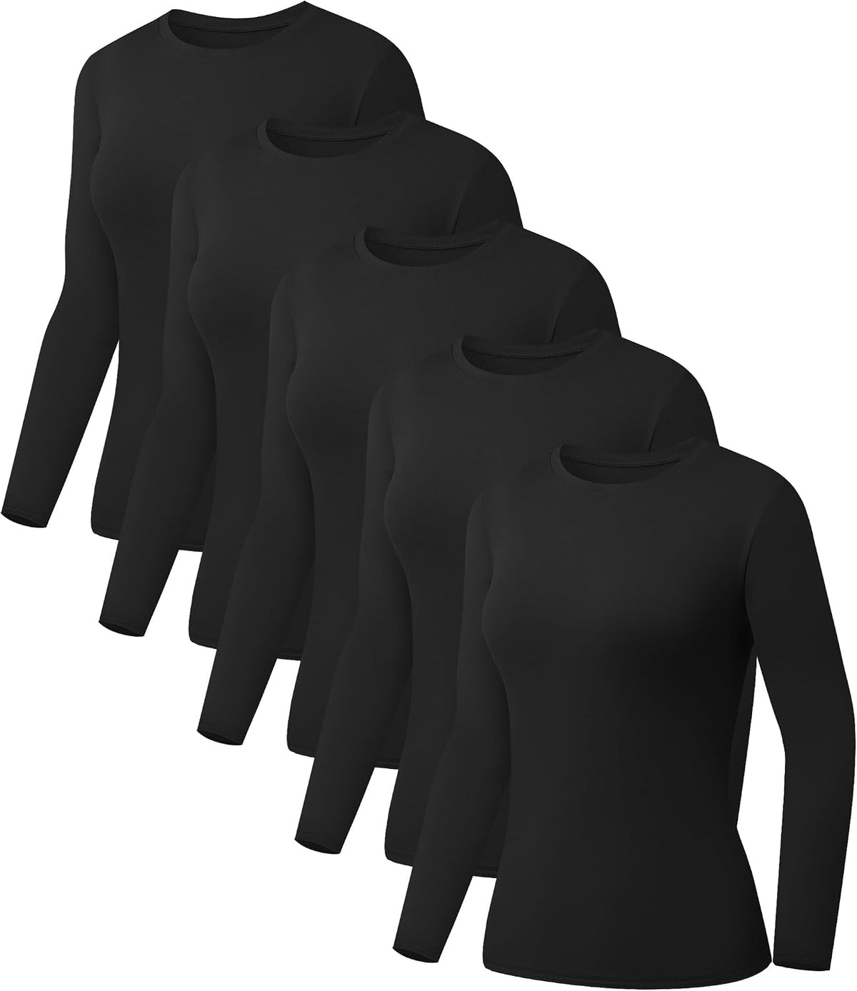Women's Long Sleeve Basic Tops 5 Pack - Crew Neck, Slim Fitted Base Layer Shirts for Layering and Work - 2 Black 1 White