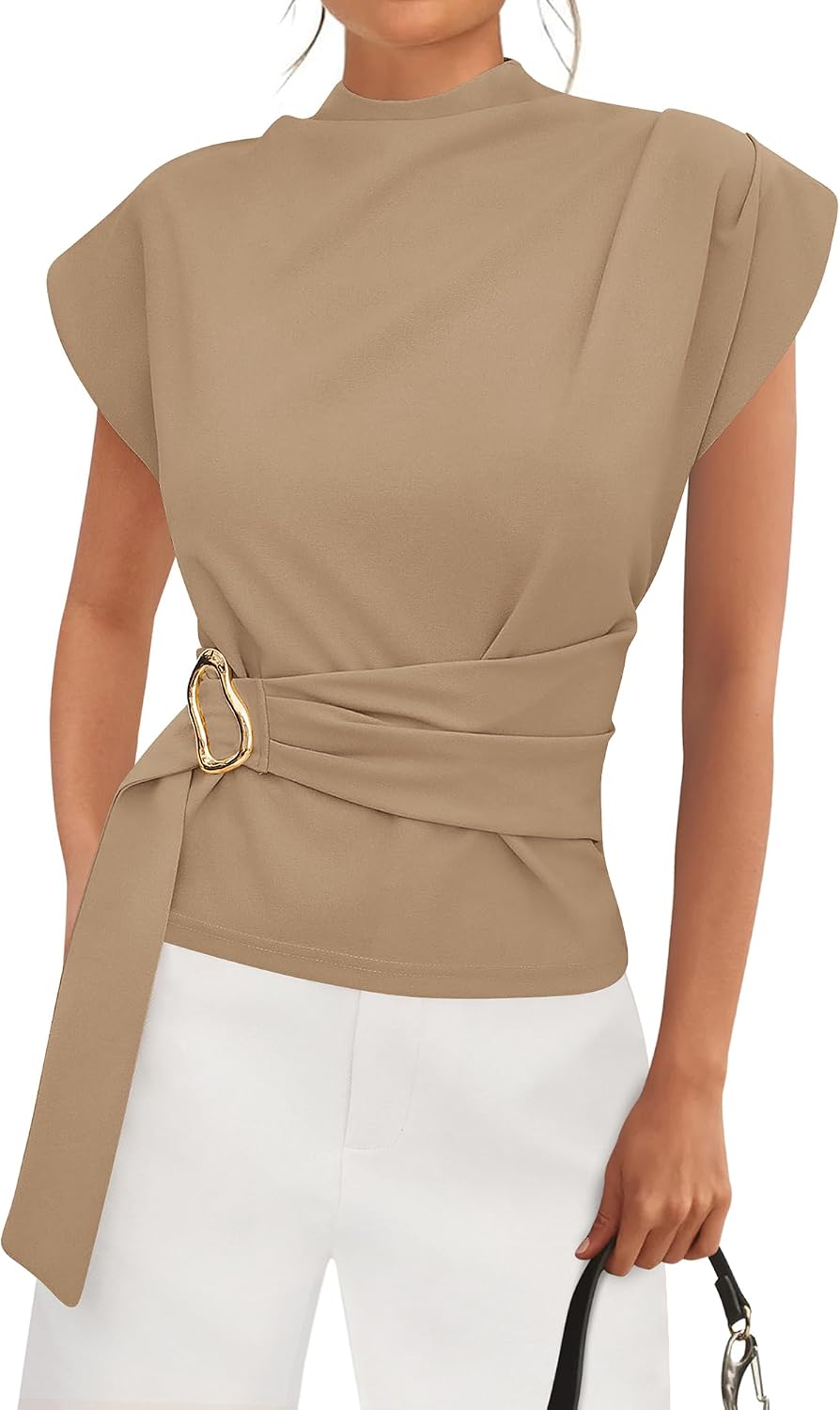 Women's Mock Neck Blouse - Cap Sleeves, Buckle Belt Detail and Back Zip for Business Casual Office Days - Medium