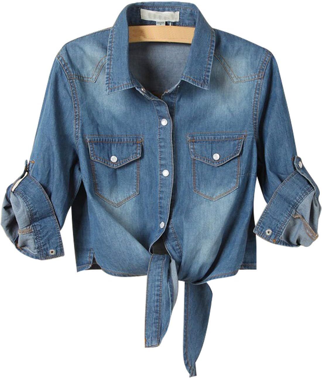 Women's Tie Front Denim Crop Shirt - Roll Up Three Quarter Sleeves, Chambray Button Down for Western Looks - Small