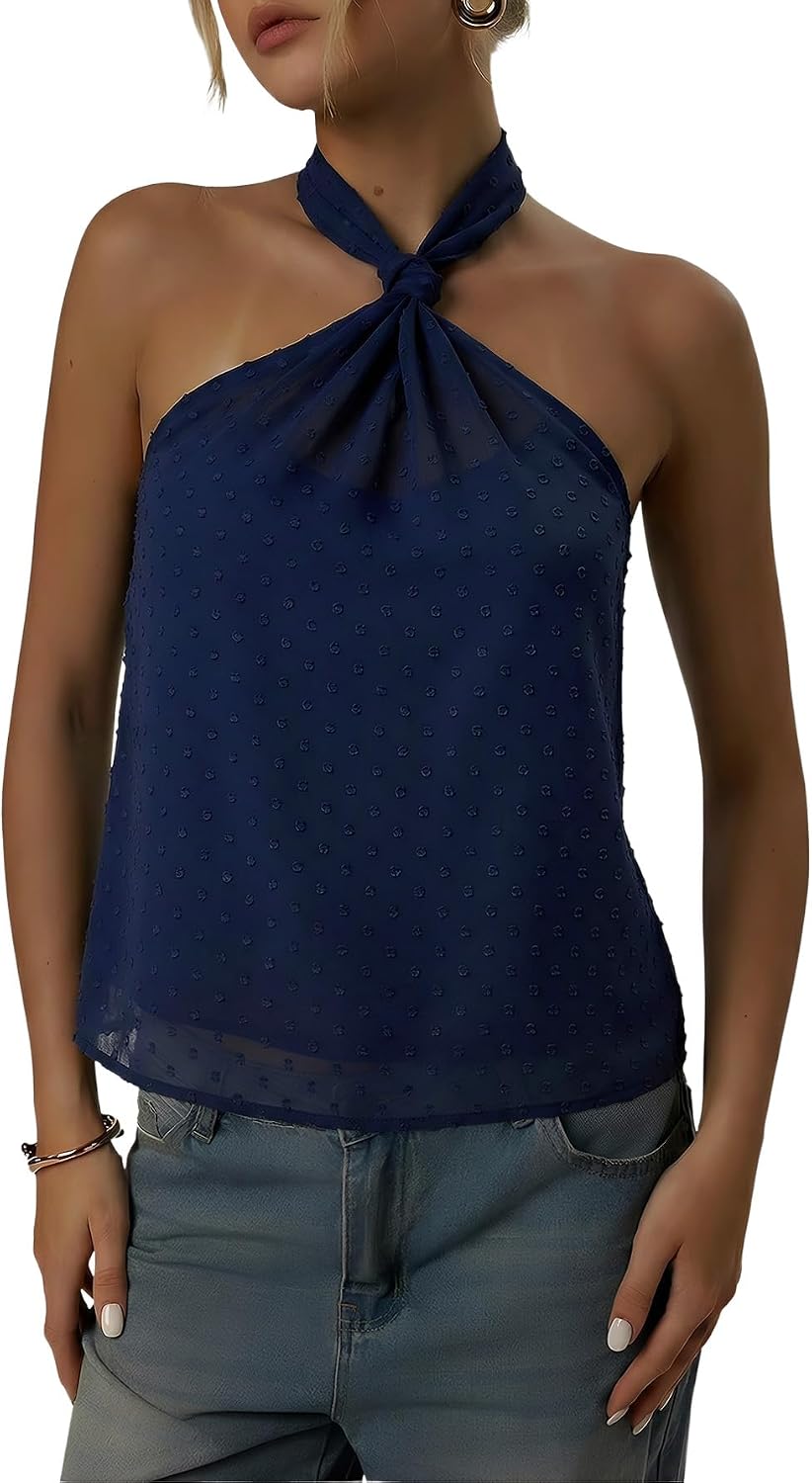 Women's Swiss Dot Halter Top - Tie Back Knot, Sheer Sleeveless Cut for Parties and Concert Nights - Small