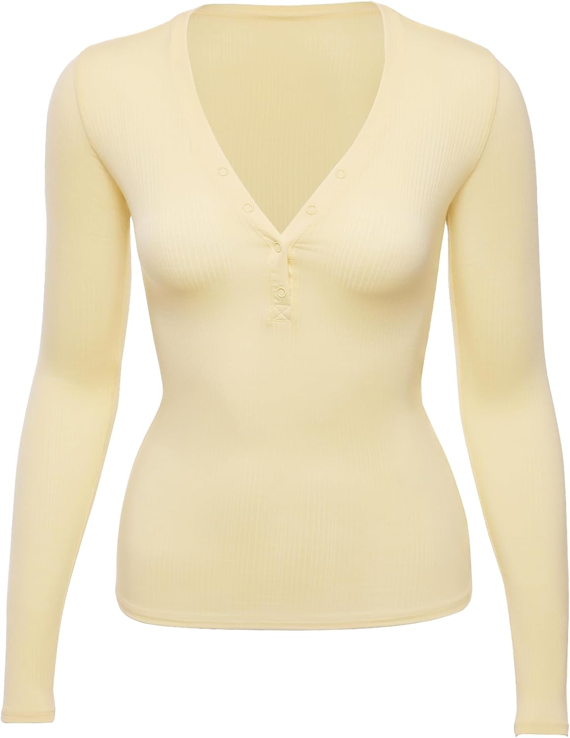 Women's Modal Ribbed Henley Top - Long Sleeve, Plunge Button Placket, Body Hugging Fit for Lounging - Small