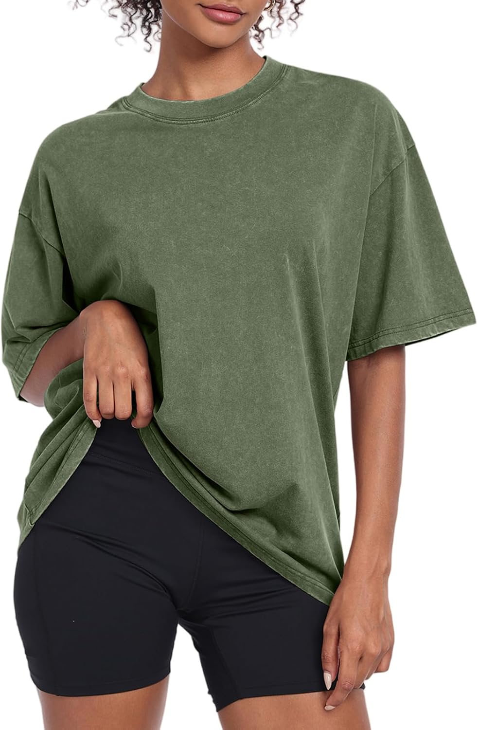 Women's Acid Wash Oversized T-Shirt - Baggy Boyfriend Cut, Cotton Short Sleeve Tee for Gym and Street Wear - Small
