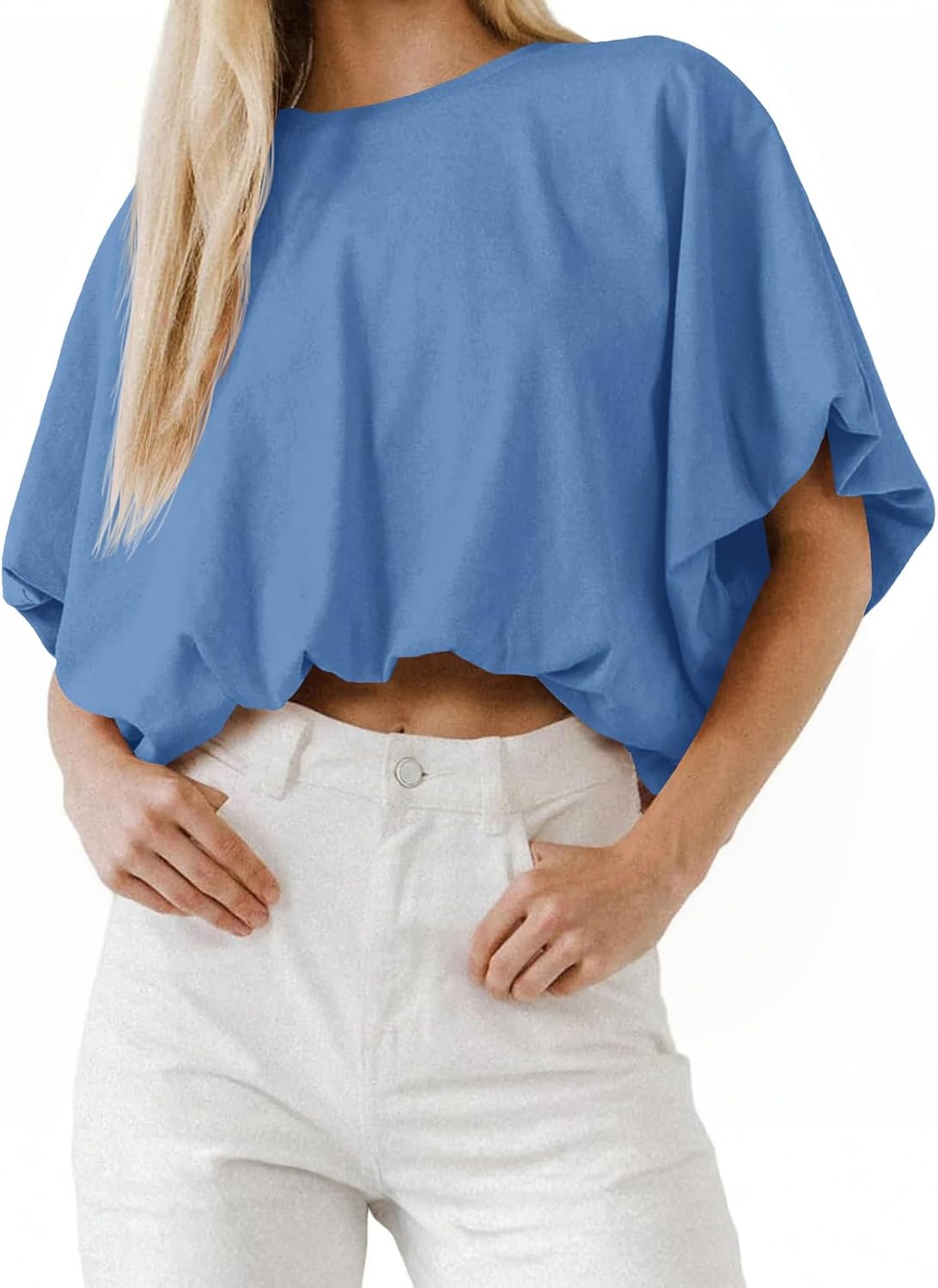 Women's Cropped T-Shirt - Crew Neck, Short Sleeves, Loose Casual Cut for Summer Days and High Waist Jeans - Small