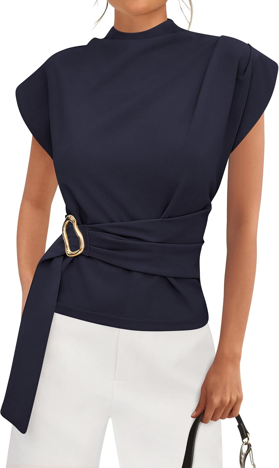 Women's Mock Neck Blouse - Cap Sleeves, Buckle Belt Detail and Back Zip for Business Casual Office Days - Small
