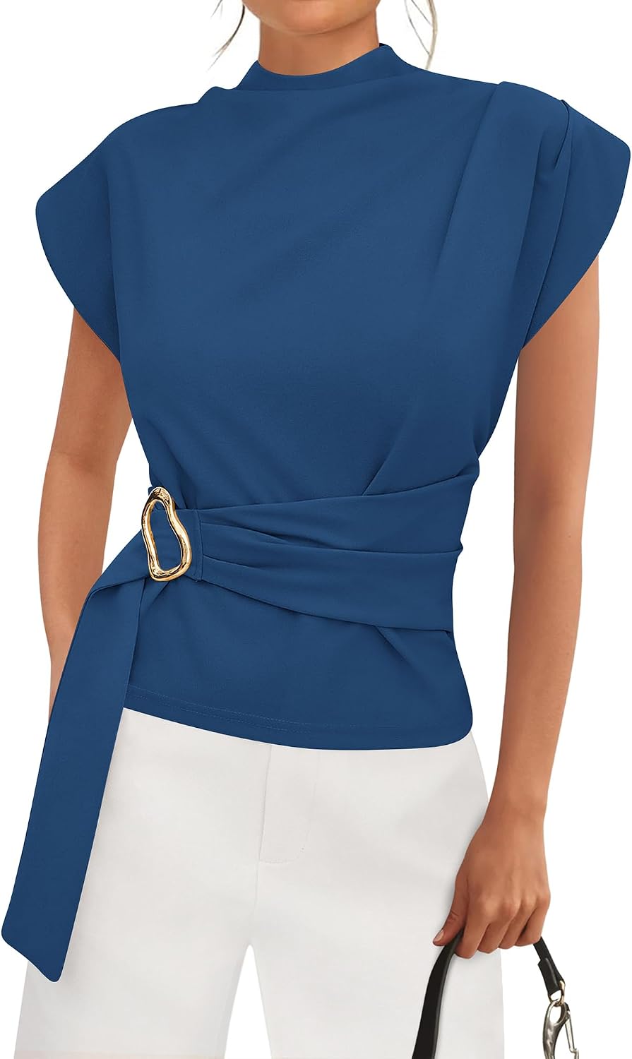 Women's Mock Neck Blouse - Cap Sleeves, Buckle Belt Detail and Back Zip for Business Casual Office Days - Large
