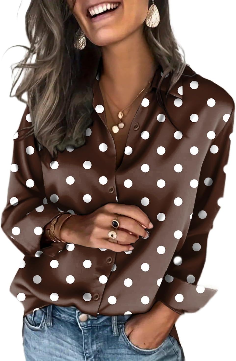 Women's Satin Button Down Blouse - Long Sleeves, Silky Drape, Business Casual Shirt for the Office - Navy