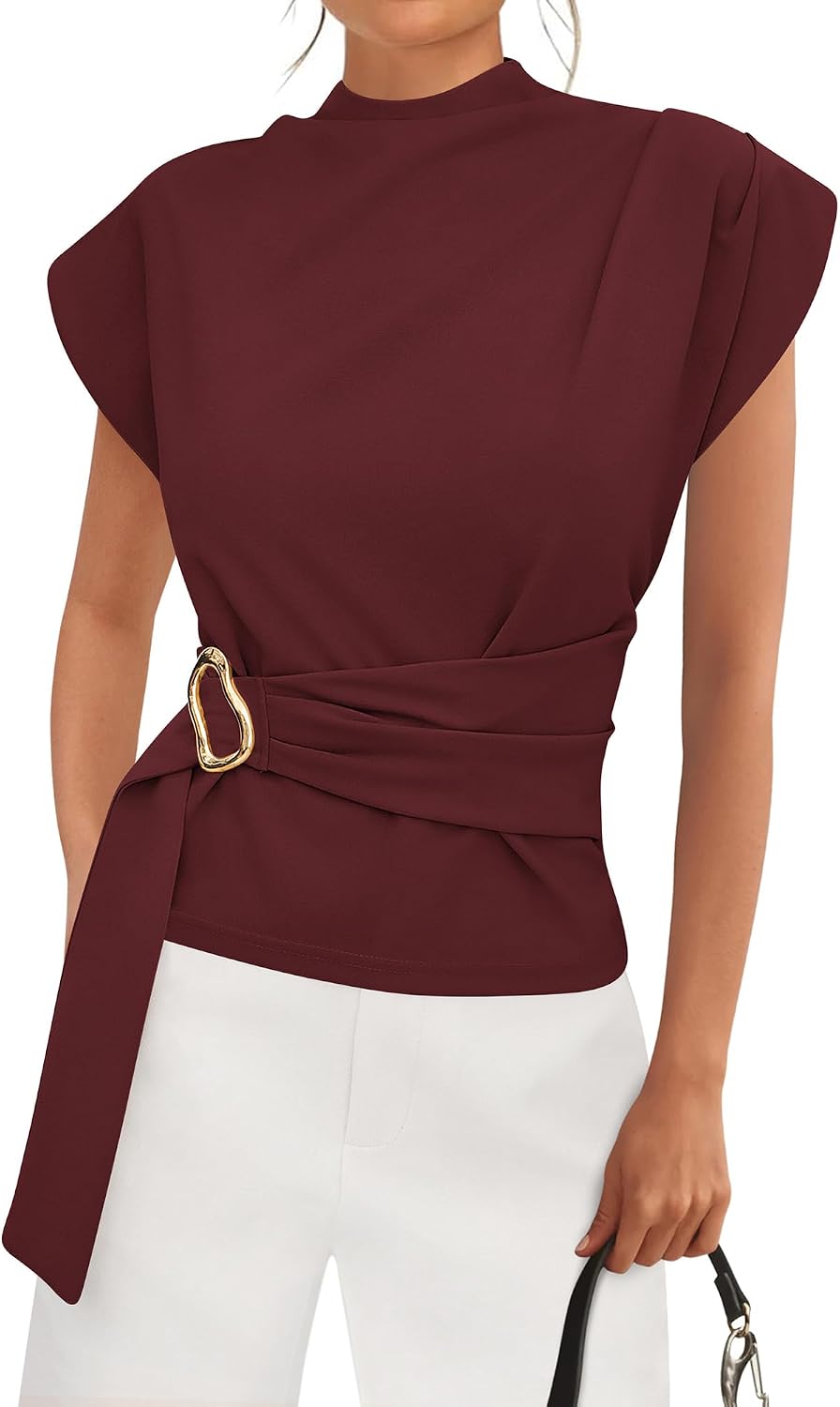 Women's Mock Neck Blouse - Cap Sleeves, Buckle Belt Detail and Back Zip for Business Casual Office Days - Small