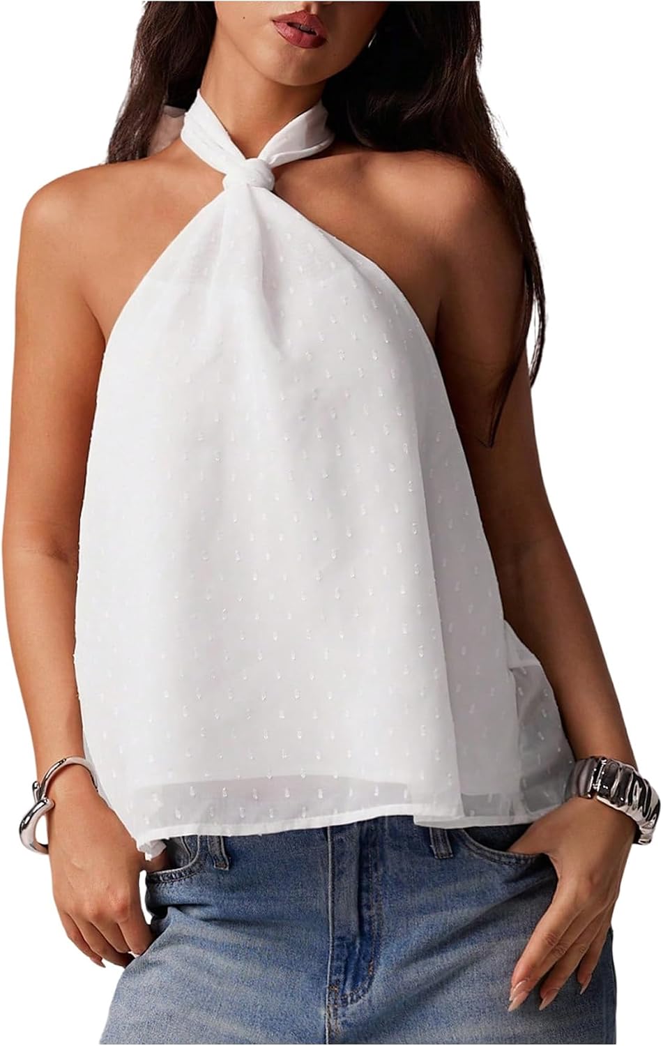 Women's Swiss Dot Halter Top - Tie Back Knot, Sheer Sleeveless Cut for Parties and Concert Nights - Small (12)