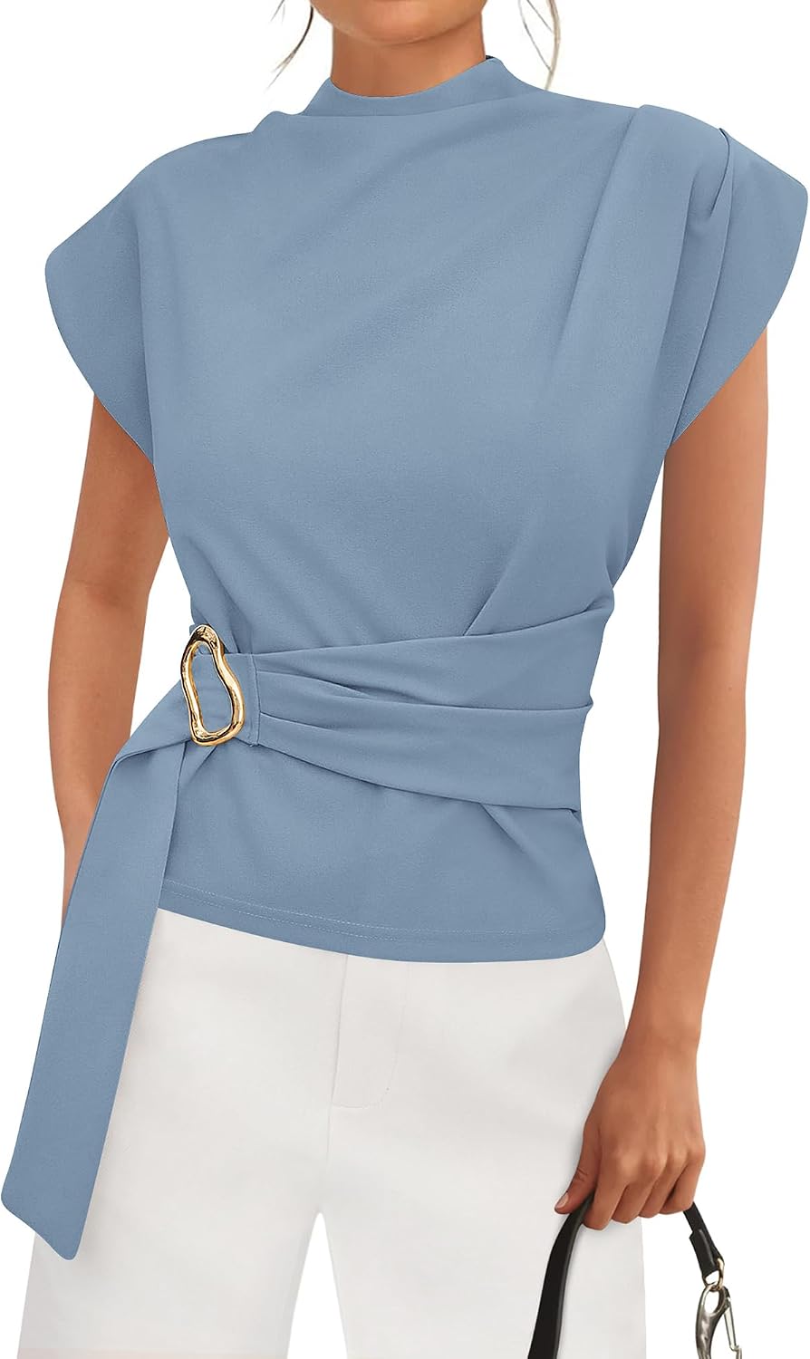 Women's Mock Neck Blouse - Cap Sleeves, Buckle Belt Detail and Back Zip for Business Casual Office Days - Small