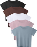Women's Workout Crop Tops 5 Pack - Boxy Loose Fit, Crew Neck Short Sleeve Tees for Gym and Yoga - Small
