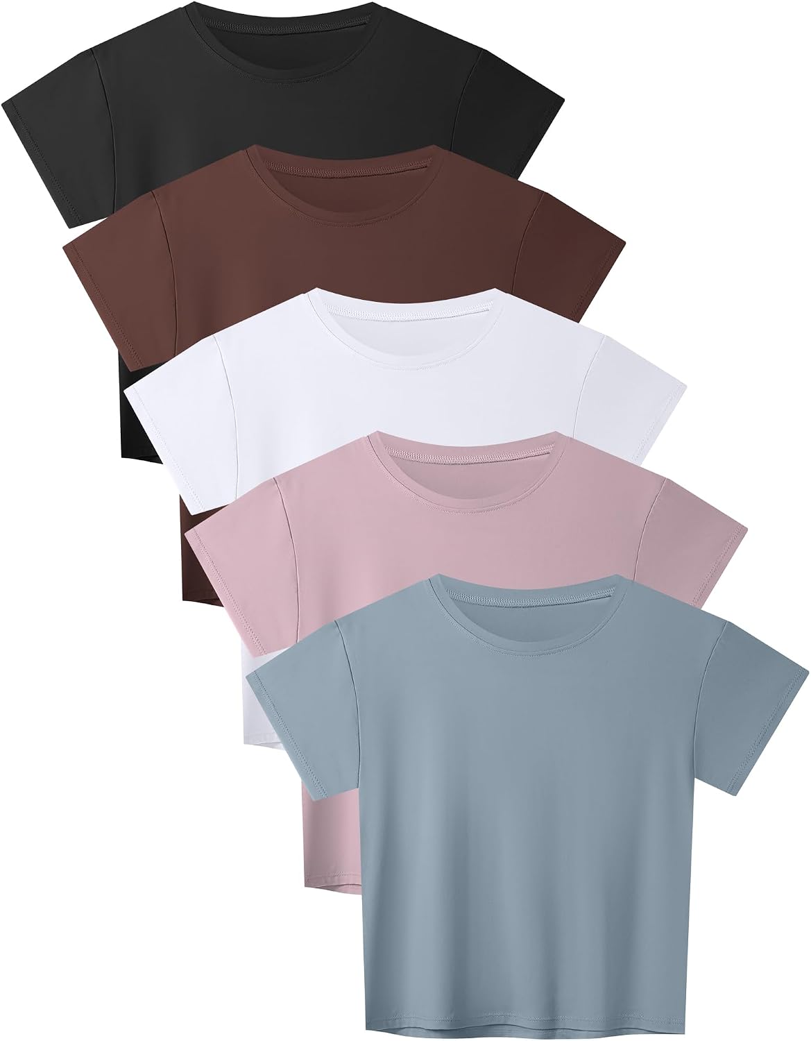 Women's Workout Crop Tops 5 Pack - Boxy Loose Fit, Crew Neck Short Sleeve Tees for Gym and Yoga - Small