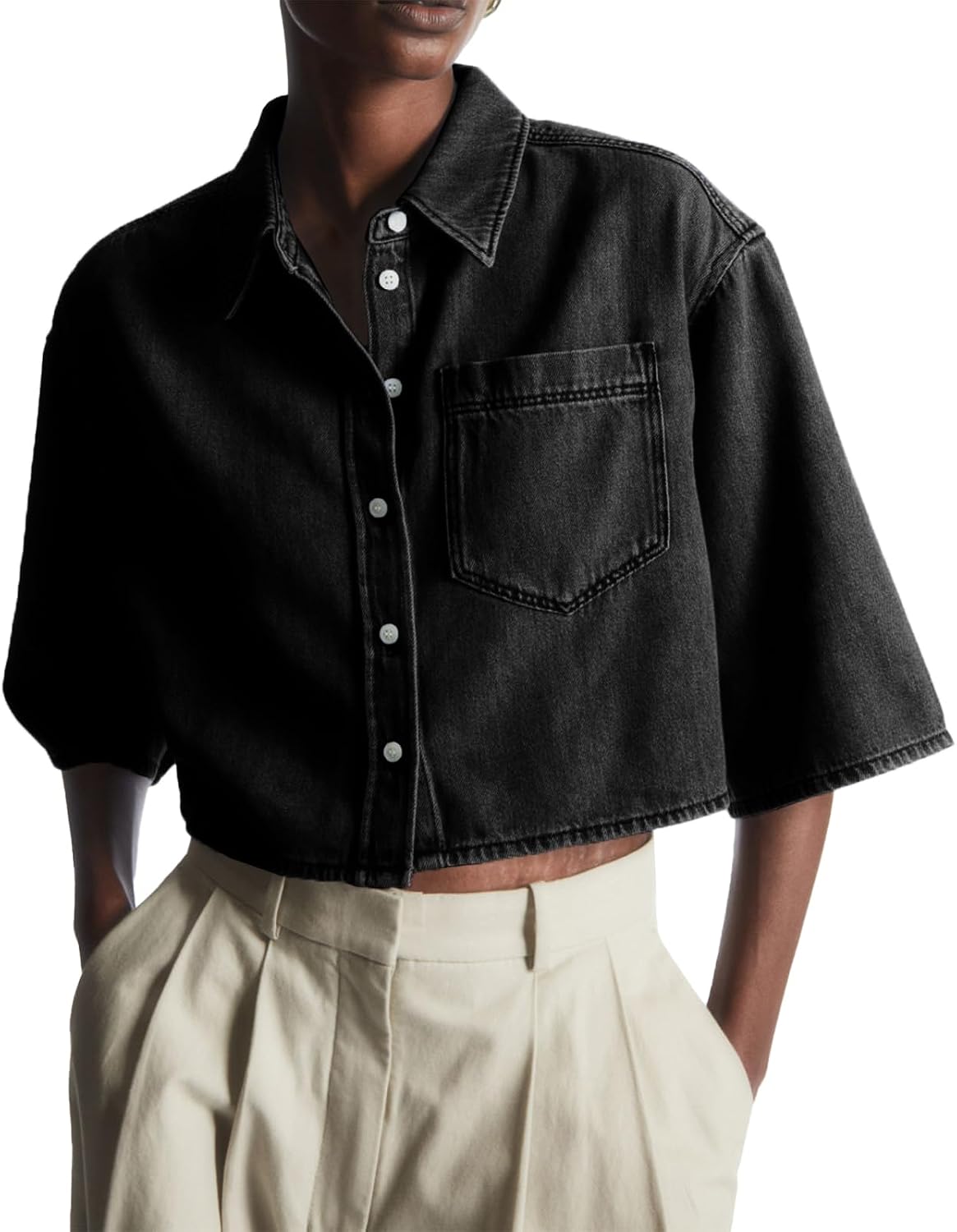 Women's Cropped Denim Shirt - Half Sleeves, Button Front, Chest Pockets and Loose Fit for Summer Days - Small